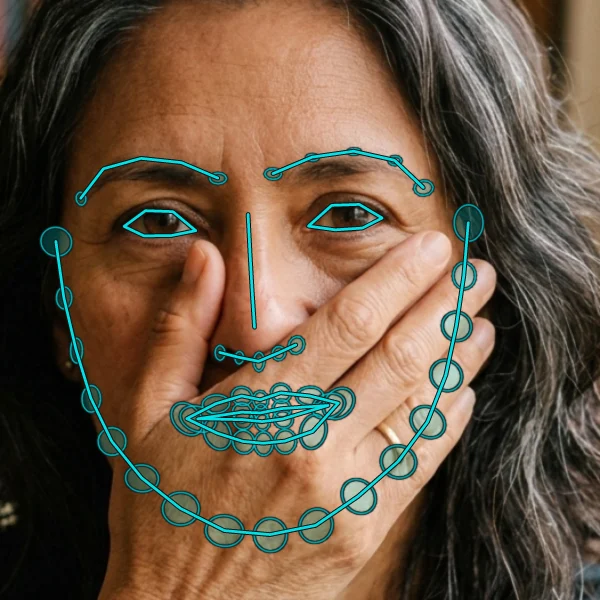 Hand over mouth: the Shape-Bayes posterior with 2σ ellipses over the hidden mouth and jaw.