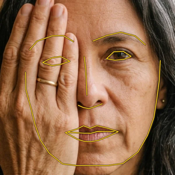 Hand over right eye: the deterministic shape under the hand.