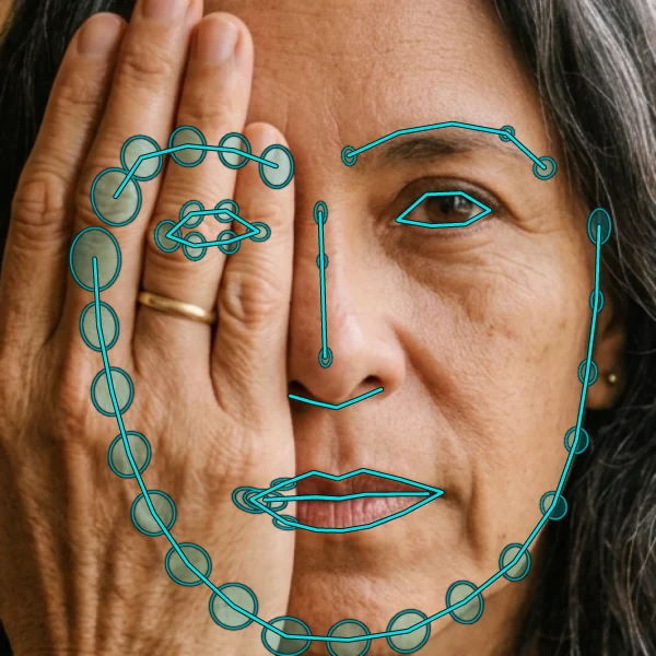 Hand over right eye: the Shape-Bayes posterior with 2σ ellipses over the hidden eye, brow and jaw side.