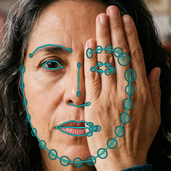 Hand over left eye: the Shape-Bayes posterior with 2σ ellipses over the hidden eye, brow and jaw side.