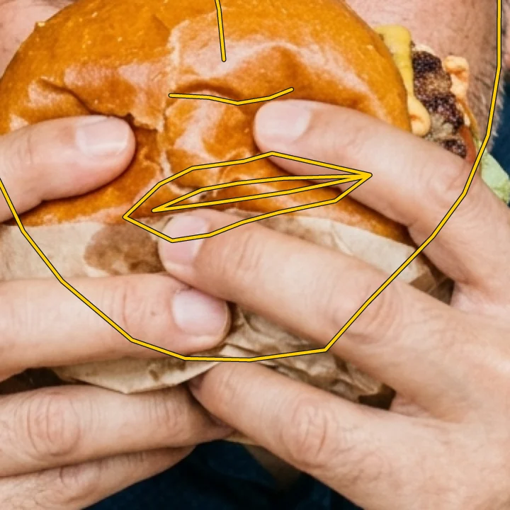 Deterministic prediction, zoomed: a tangled mouth behind the burger.