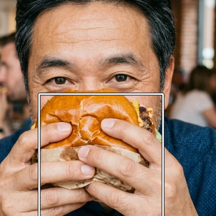 Input. Burger hides the mouth and jaw; the box marks the zoomed region.
