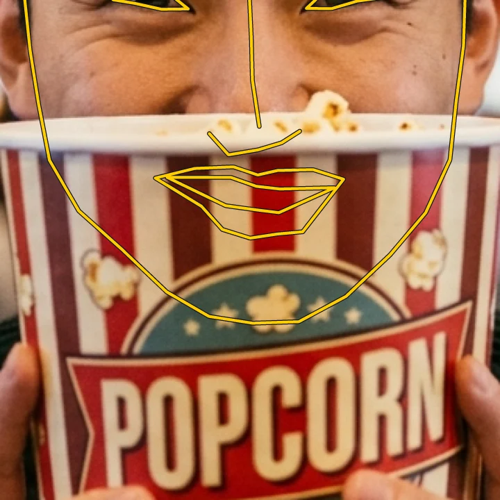 Deterministic prediction, zoomed: a tangled mouth behind the popcorn tub.