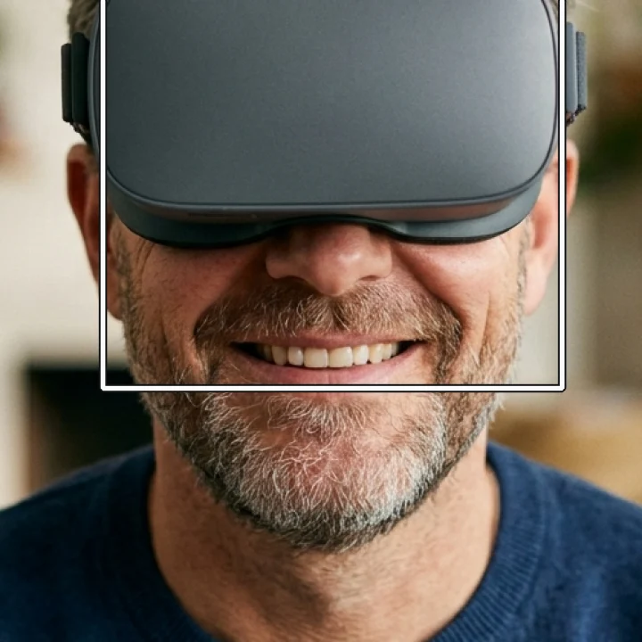 Input. Headset hides the eyes and brows; the box marks the zoomed region.