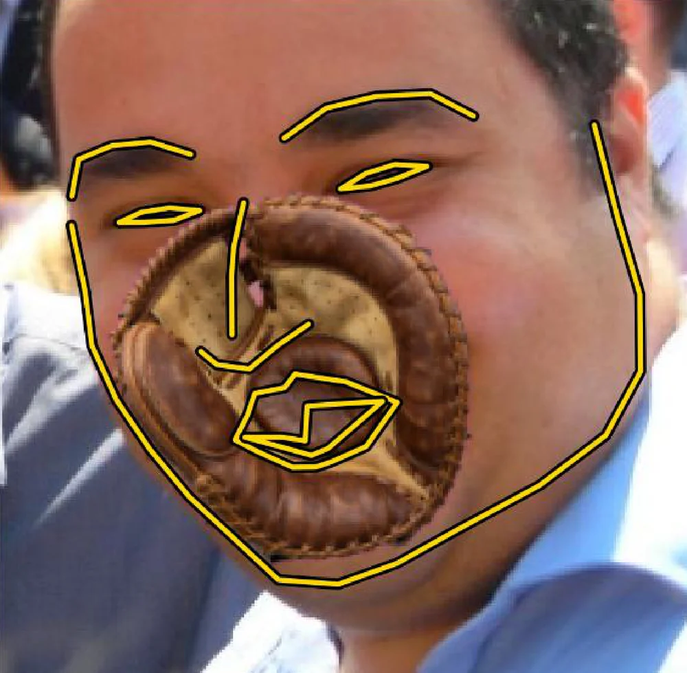 Deterministic landmarks on a face partly covered by a baseball glove; the mouth and nose contours are tangled.