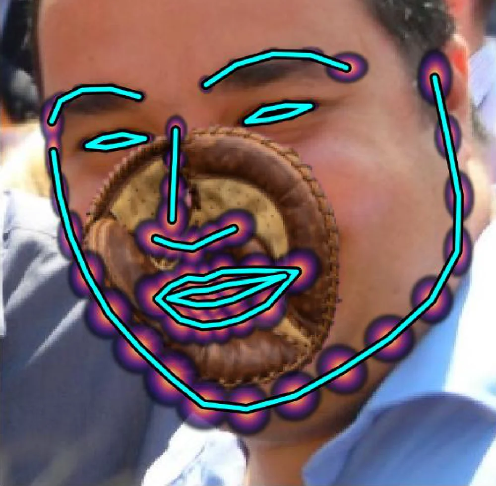 Shape-Bayes posterior on the same face: a coherent face shape with uncertainty halos around hidden landmarks.
