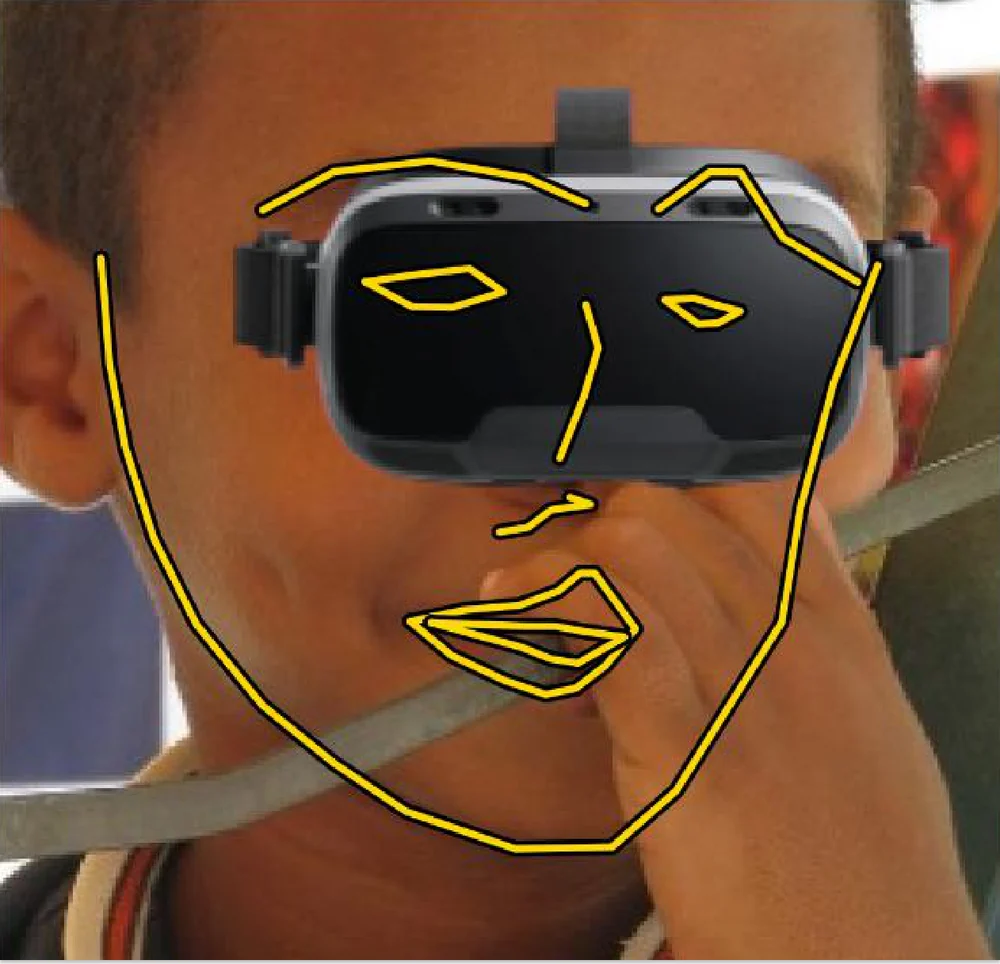 Deterministic landmarks on a face wearing a VR headset and partly covered by a hand; eyes and brows are distorted.