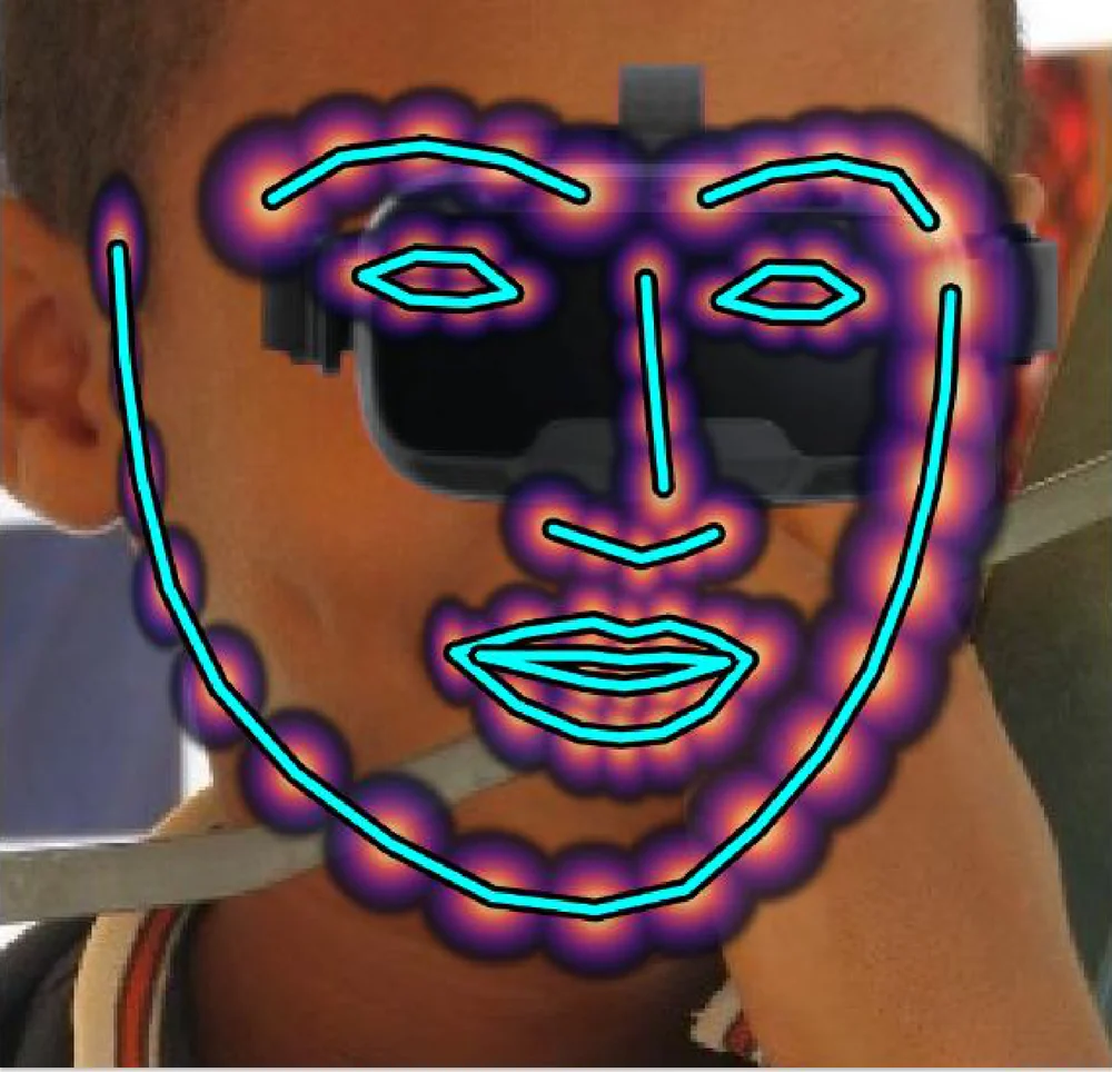 Shape-Bayes posterior on the same face: plausible eyes, brows and jaw, with wide uncertainty under the headset.