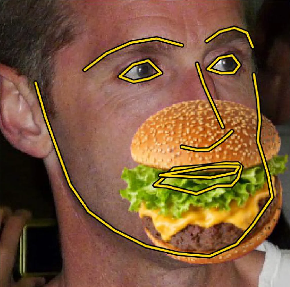 Deterministic landmarks on a face covered by a burger; the mouth contour is flattened and displaced.
