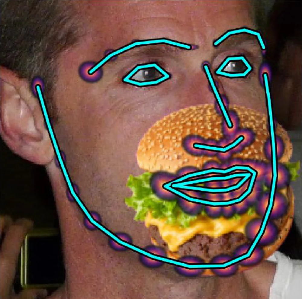 Shape-Bayes posterior on the same face: a natural mouth and jaw inferred behind the burger.